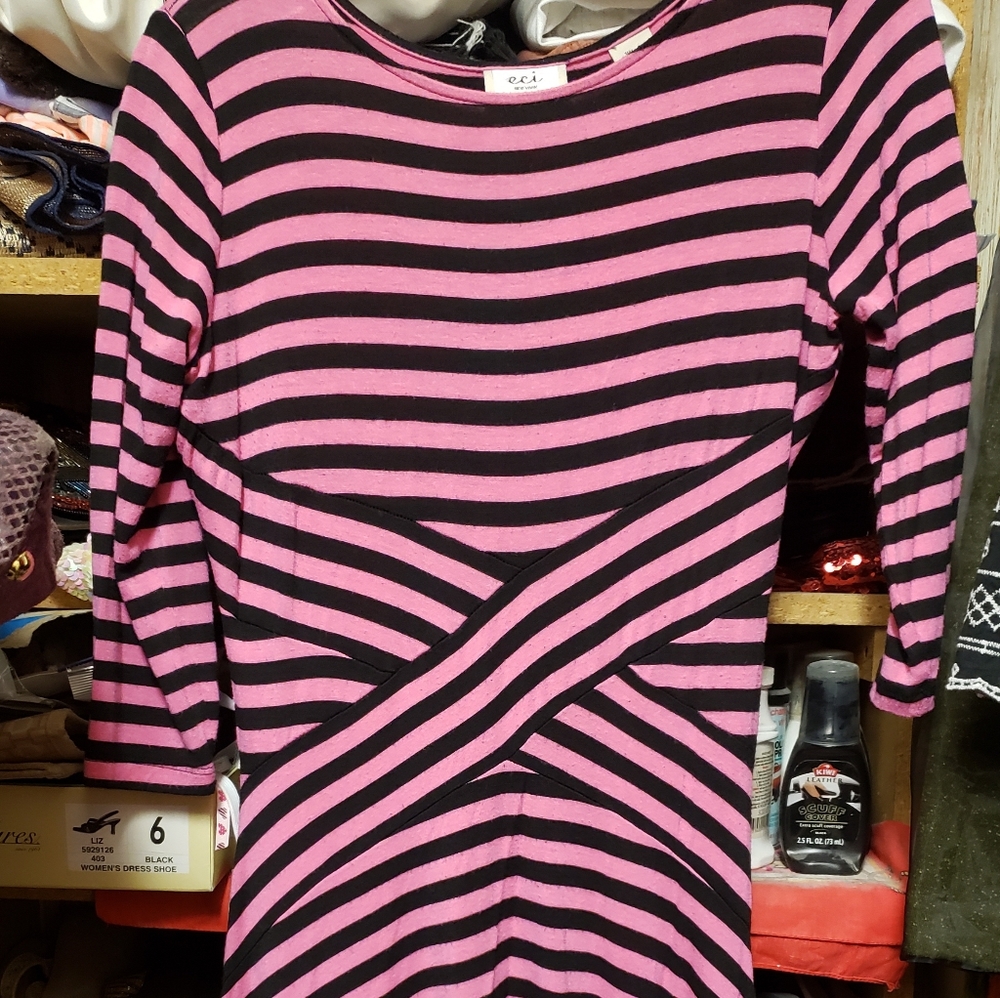 Beautiful bright pink and black pull on dress with horizontal stripes.